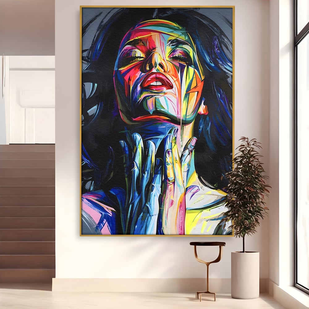 Tablou canvas cu tablou canvas cu femeie stilizata, in rama de aluminiu auriu